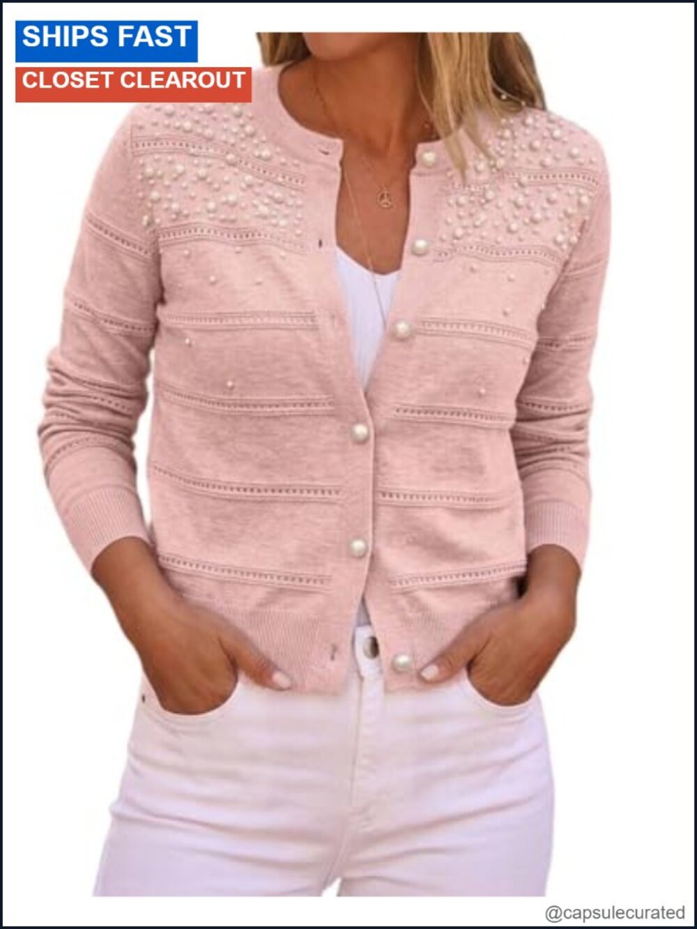 Pearl Beaded Knit Cropped Cardigan Crew Neck Long Sleeve Sweater